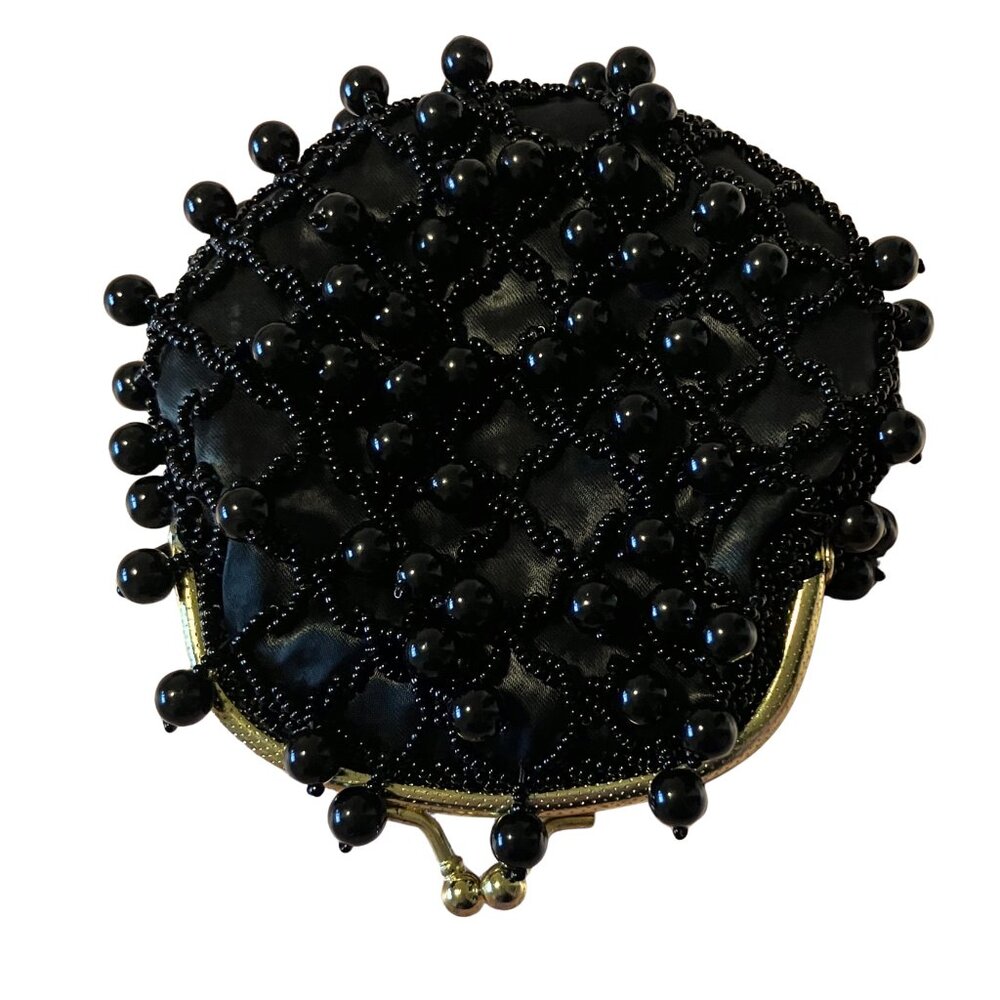Vintage 60s Black Beaded Coin Purse Handmade Hong Kong Evening Bag Retro Mod MCM - Picture 2 of 7